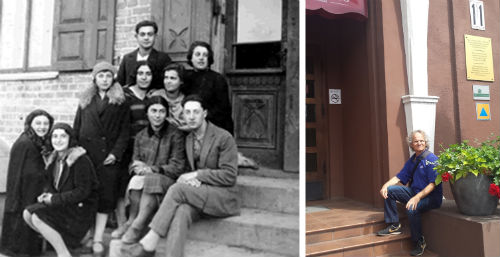 לאה גולדברג (וגם אני), על אותן המדרגות בכניסה לגימנסיה היהודית בקובנה, בהפרש 90 שנה לערך